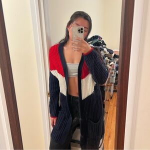 Garage Red, White, and Navy Knit Cardigan